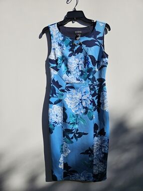 Enfocus Studio Blue Floral Midi Sheath Dress Sz 8